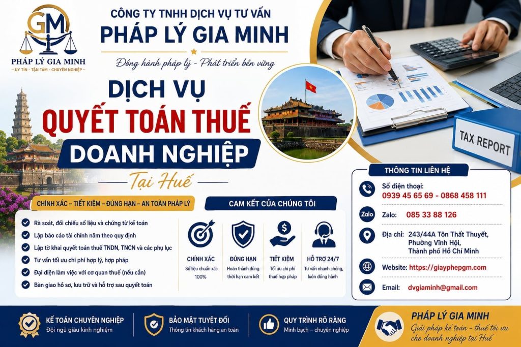 Dịch vụ quyết toán thuế doanh nghiệp tại Huế: Rà soát toàn diện trước khi chốt số liệu 1 Dịch vụ quyết toán thuế doanh nghiệp tại Huế
