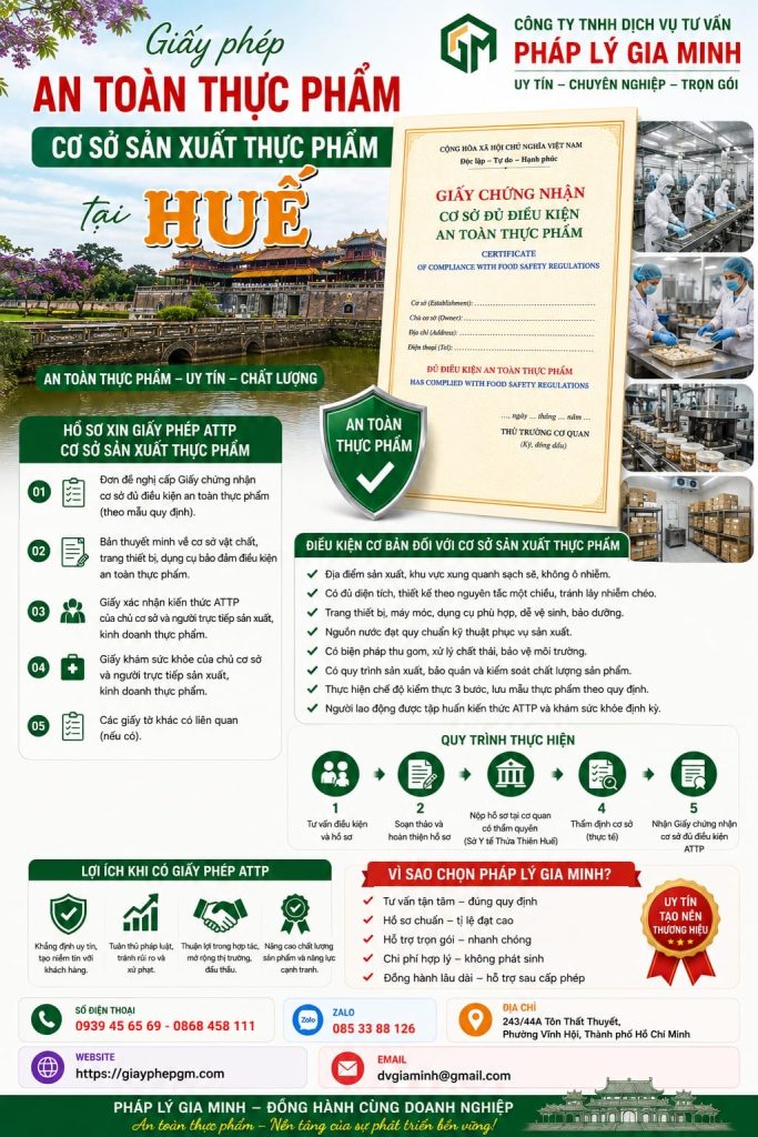 Giấy phép an toàn thực phẩm cơ sở sản xuất thực phẩm tại Huế cần biết gì? 1 Giấy phép an toàn thực phẩm cơ sở sản xuất thực phẩm tại Huế